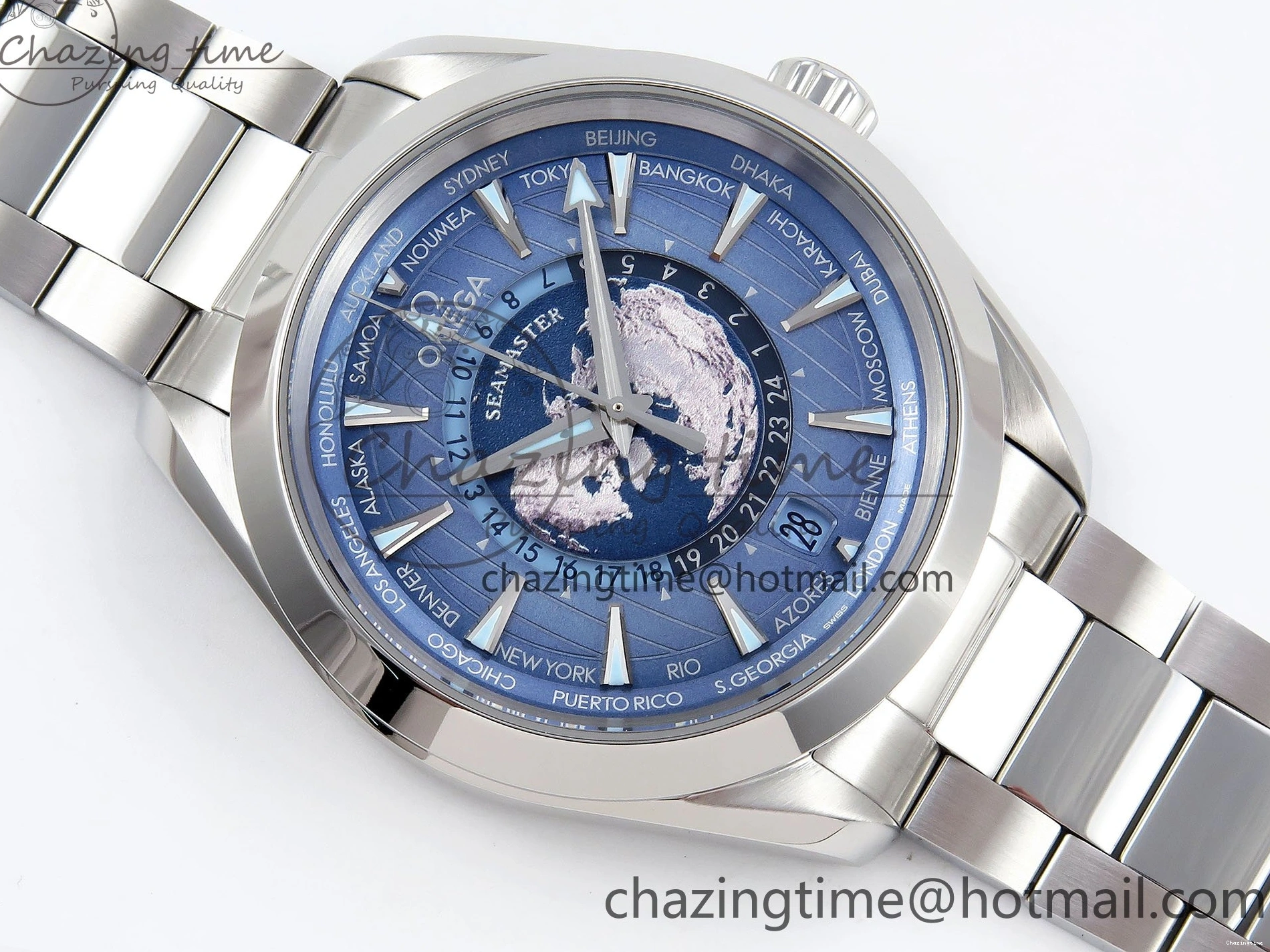 0109 Aqua Terra GMT Worldtimer 43mm VSF 1:1 Best Edition Summer Blue Dial on SS Bracelet A8938 Super Clone FashionForward 7720